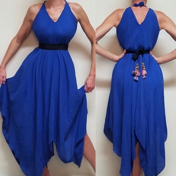VINTAGE Cobalt Blue Asymmetric Sharkbite Hem V-neck Tie-Waist Gossamer Dress XL - Picture 1 of 16